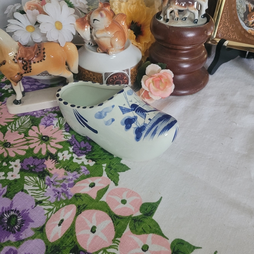 Vintage Delft Ceramic Clog Planter Blue And White